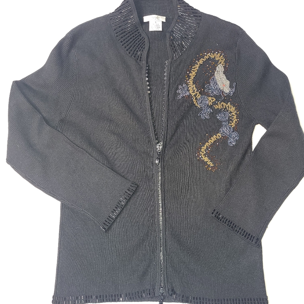 Vintage Cache Beaded Dragon Cardigan Silk Blend Women's Size Small‎ Black Y2K - Picture 12 of 12